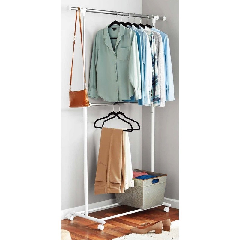 Adjustable 2-Tier Chrome Garment Rack Rolling Storage Solution W/ Wheels New