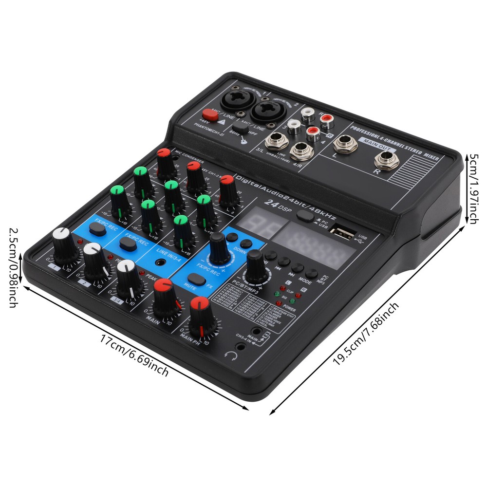 4-Channel Professional Audio Mixer with Bluetooth, USB & DSP Effects