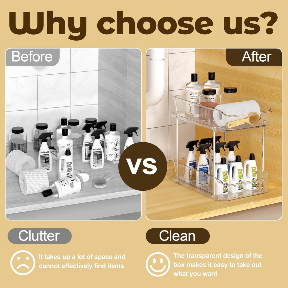 2 Tier Pull-Out Organizer for Bathroom Kitchen, Under Sink Storage with Divid...