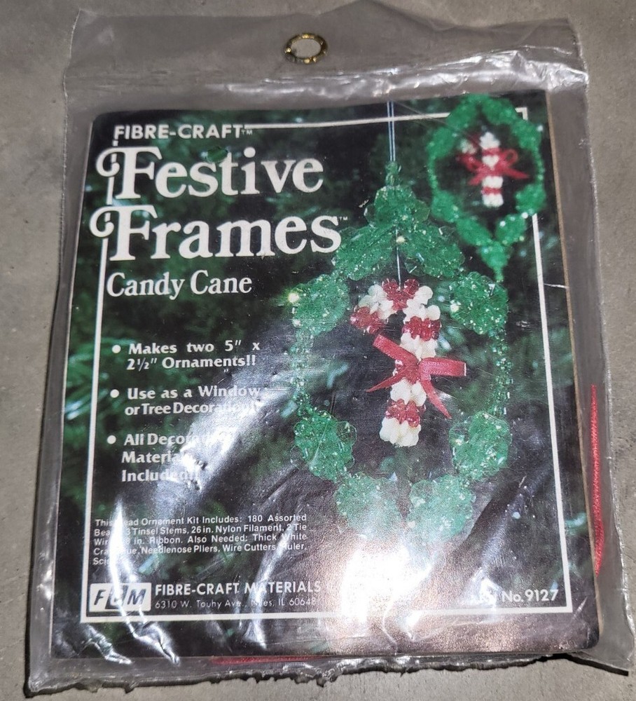 Fibre Craft Festive Frames Beaded Ornament Candy Cane Kit Makes 2