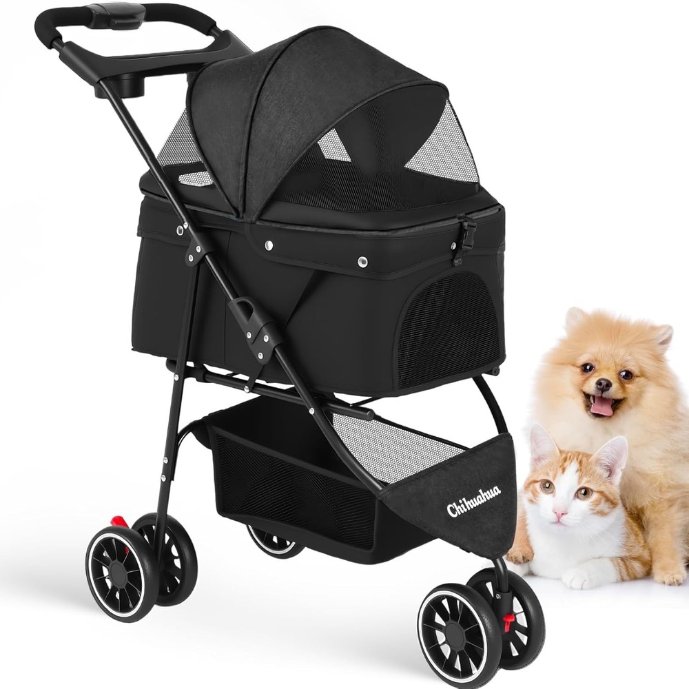 Pet Stroller Dog Stroller Small Medium Dog Cat 3 Wheels Foldable with Canopy