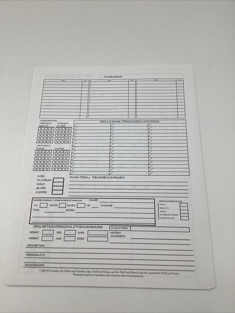 Castles Crusades Player Character Record Sheets Troll Lord Games