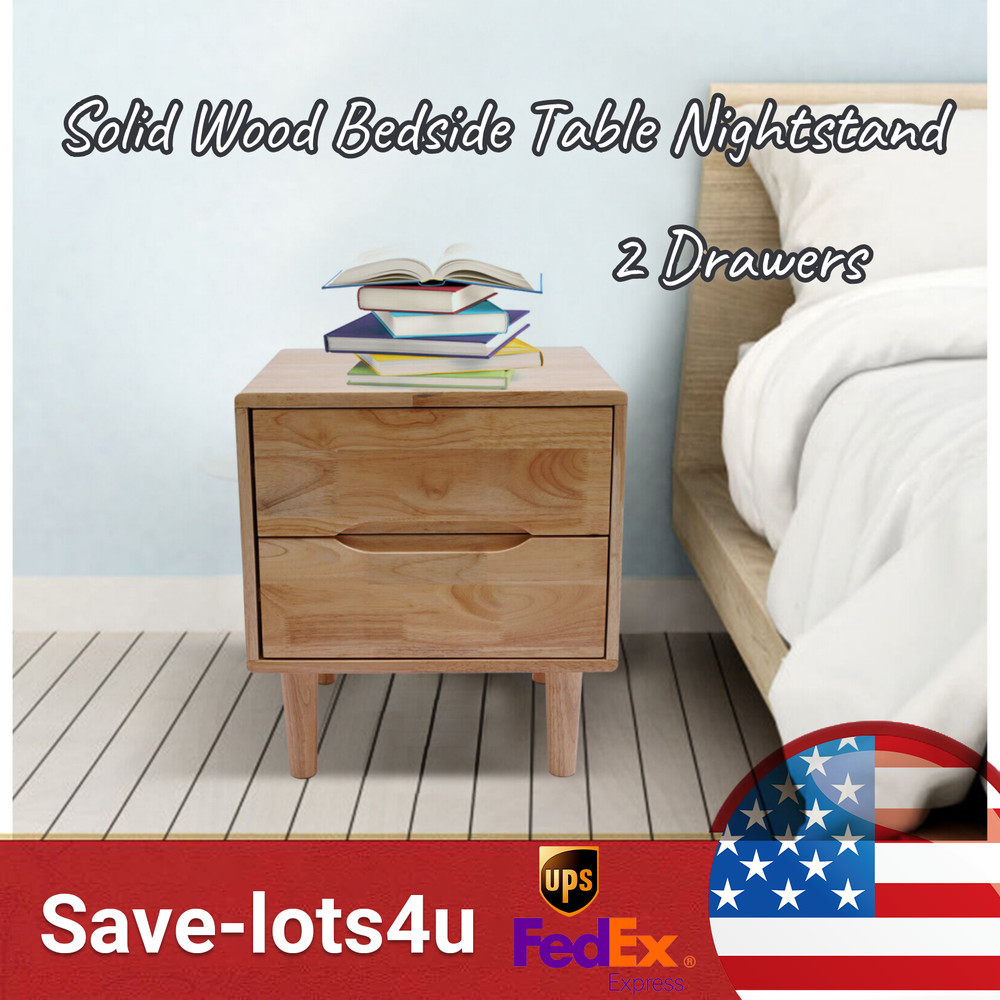Nordic Style Solid Wood 2 Drawers Bedside Table Nightstand Home Decor
