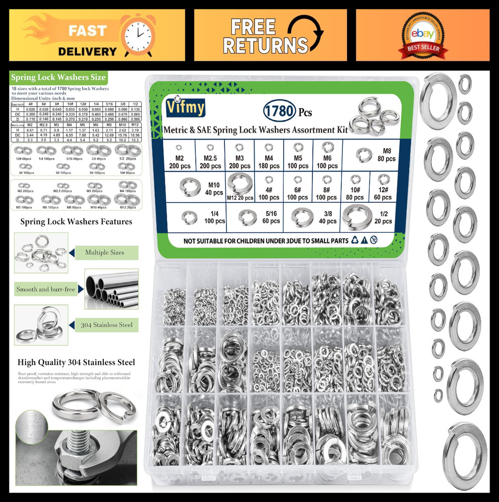 Spring Lock Washers Assortment Kit 1780 Pcs - Metric & SAE Split Washers, 304 SS
