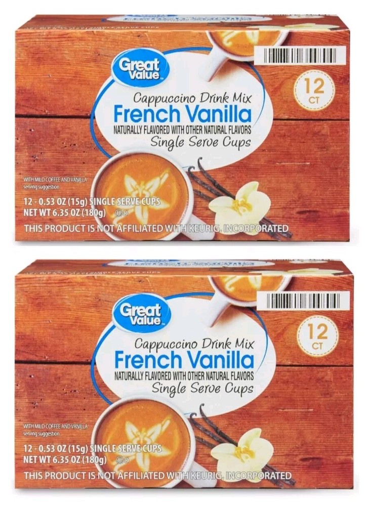 2 Pack Great Value French Vanilla Cappuccino Mix Medium Roast Coffee Pods 24 ct
