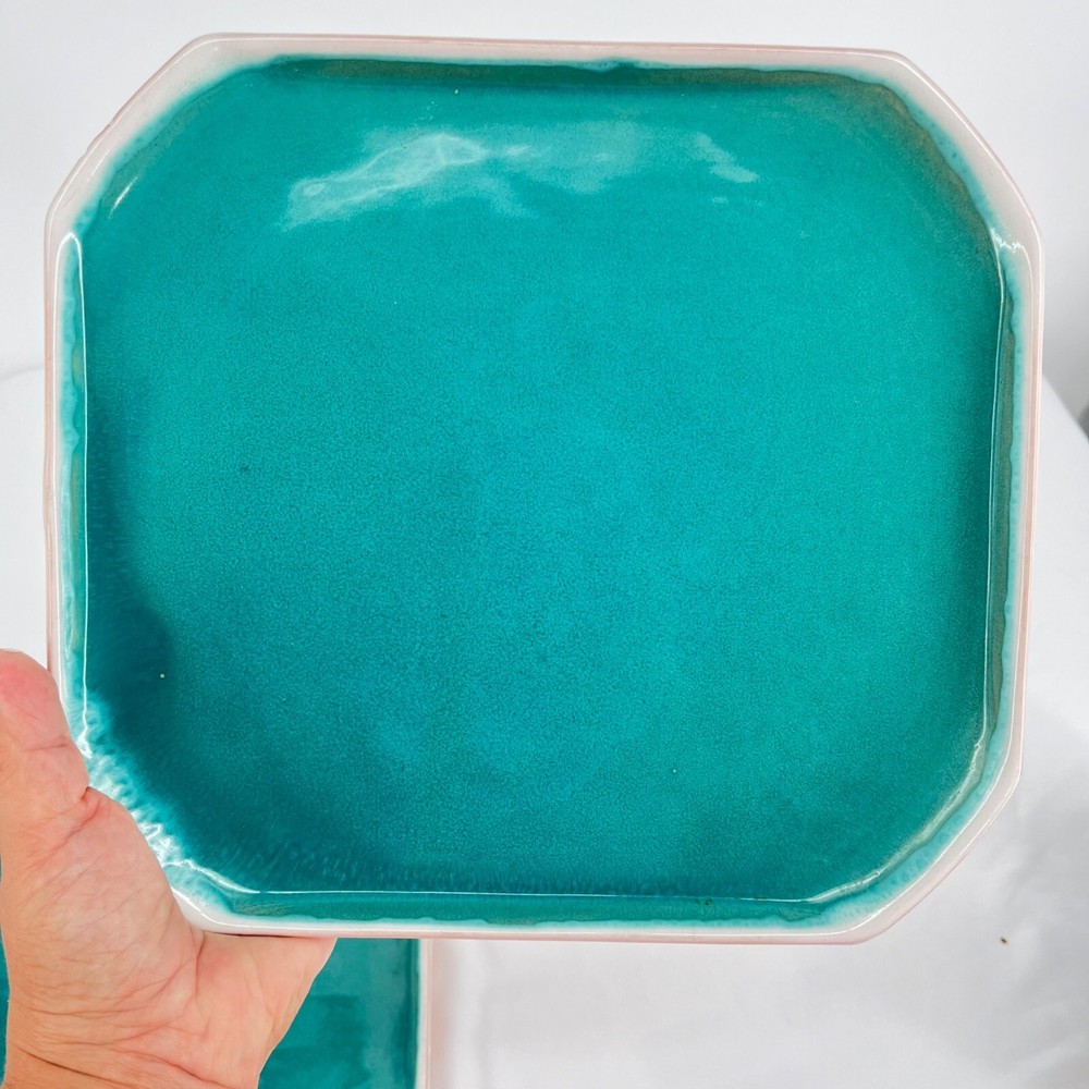 Vintage Turquoise Ceramic Dinnerware Set 6 Pieces Square Plates & Mugs