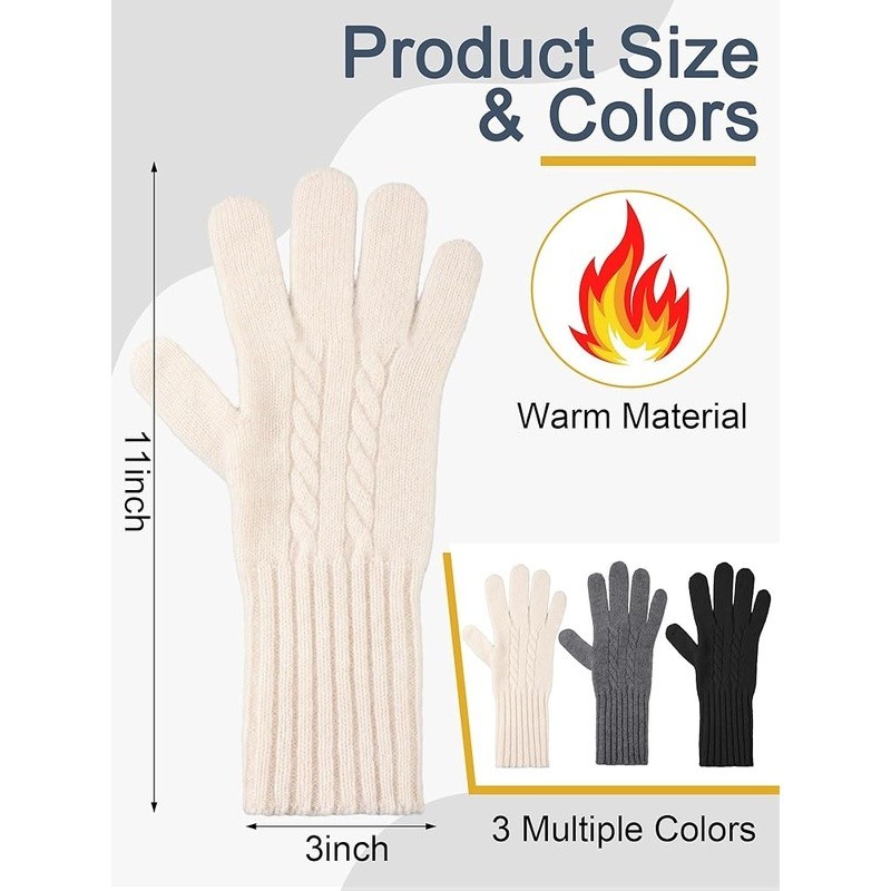 Warm Wool Gloves Touchscreen Compatible Cable Knit Ribbed Cuffs Winter Use