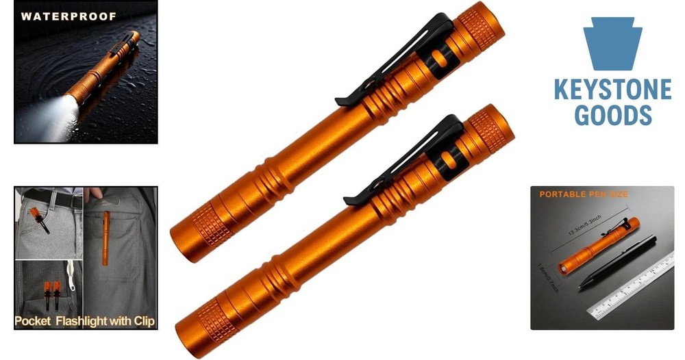 2-pack LED Pocket Pen Light Flashlights - Waterproof, 500 Lumens, Compact &