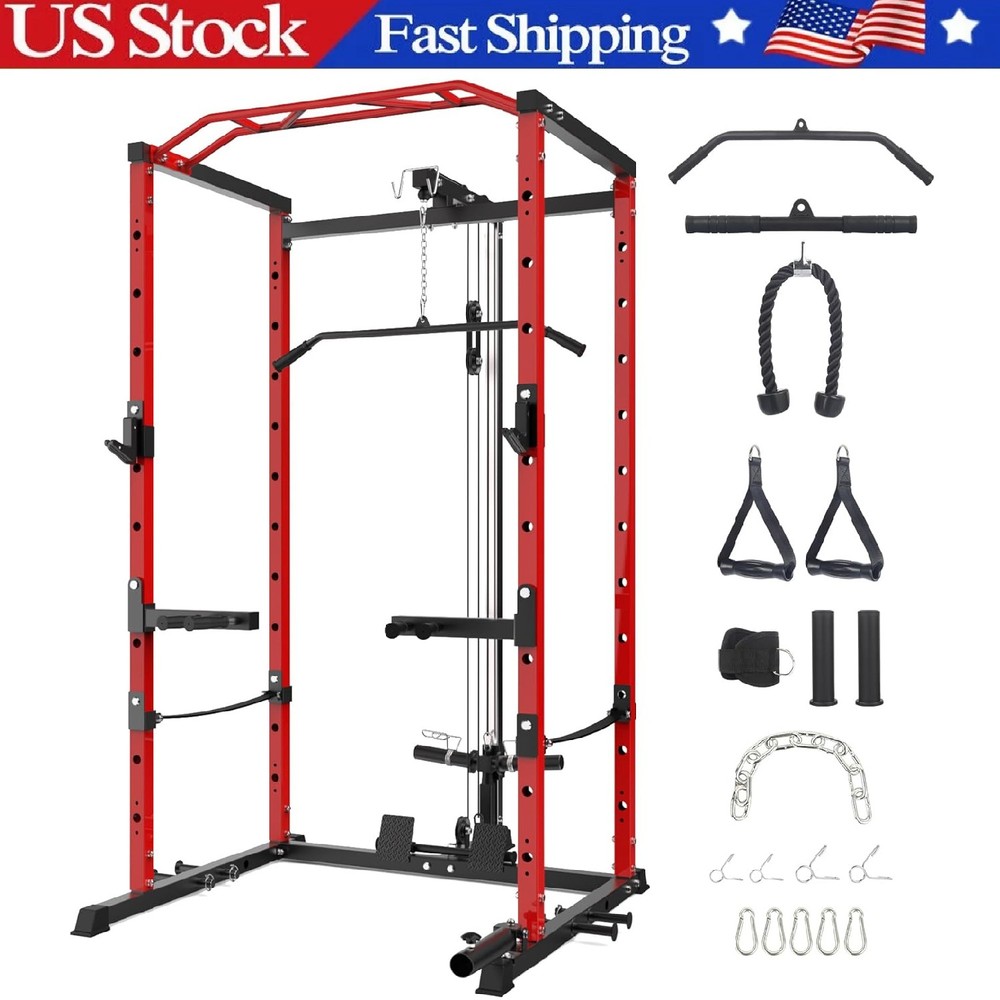 Power Cage Power Rack 1600LBS Multi-Functional Power Rack Workout w/LAT Pulldown