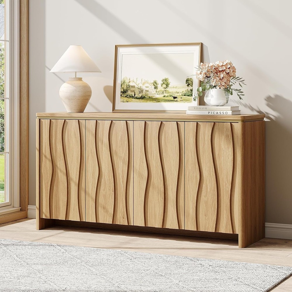 Fluted Buffet Cabinet with Storage, 3D Ripple Pattern Doors and Curved