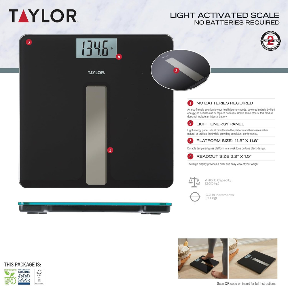 Light Powered Digital Bath Scale, Large and Durable Platform, Light Powered Pane