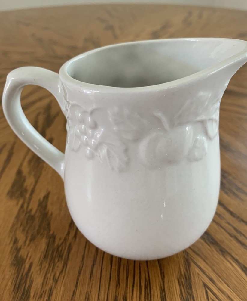 Gibson Cream & Sugar Set, White With Embossed Fruit Design, Ceramic, EUC