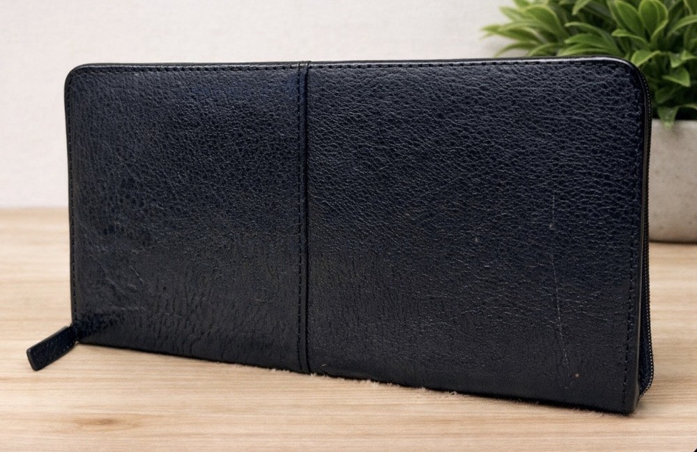Black Leather Travel Wallet Organizer Zippered Document Holder