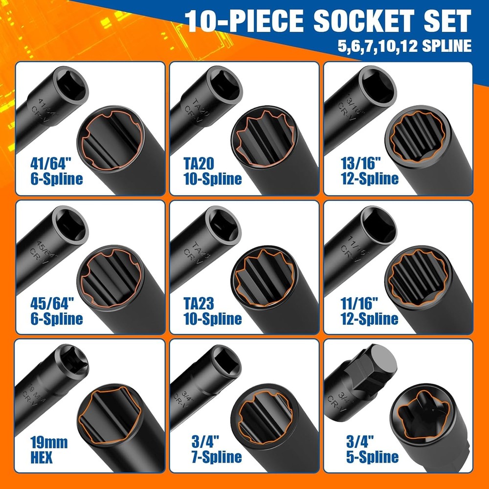 Spline Lug Nuts Socket Set (10Pcs) with 1/2" Drive Impact Square End for