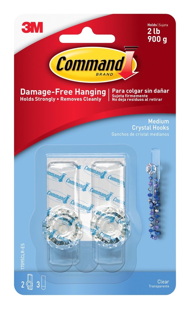Medium Crystal Hook, Holds up to 2 lb, 2 Wall Hooks with 3 Strips, Damage-Han...