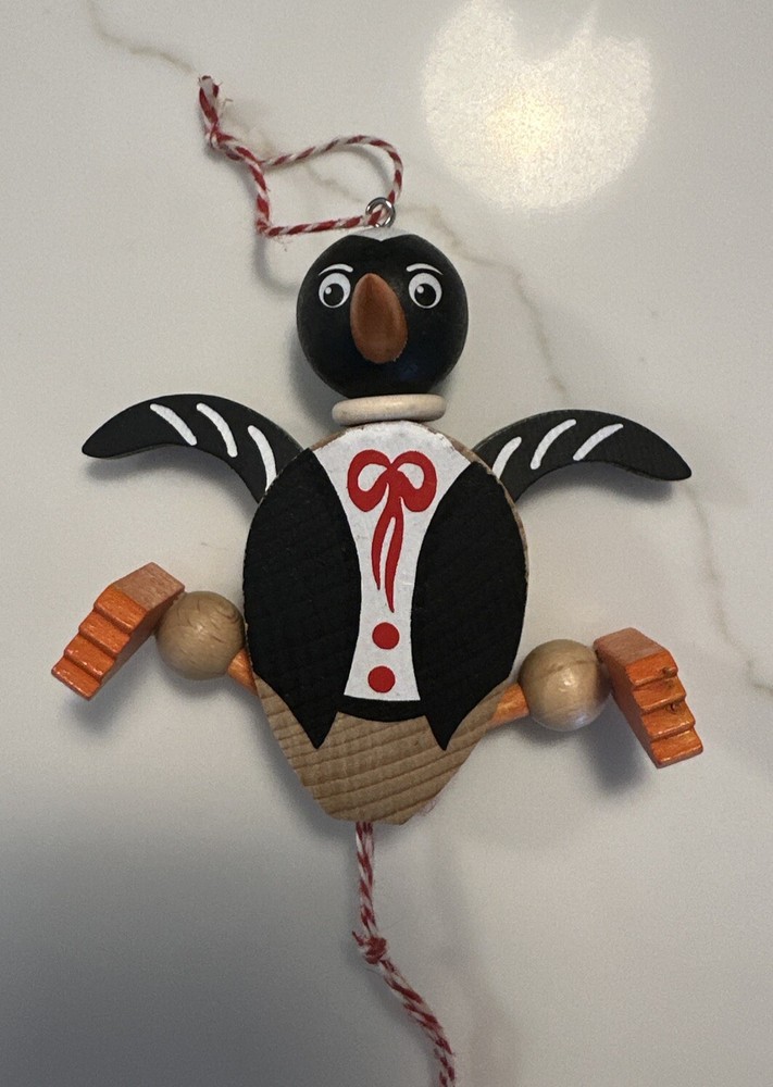 Wood Hand Painted Penguin Pull String Ornament 5.5" Made in Austria