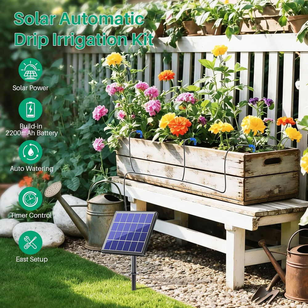 4W Solar Automatic Drip Irrigation Kit with LCD Timer, Customizable Watering Dur