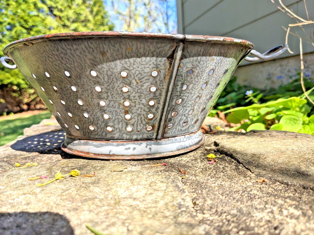 Antique Graniteware Colander Enamelware Strainer Rustic Primitive Farmhouse