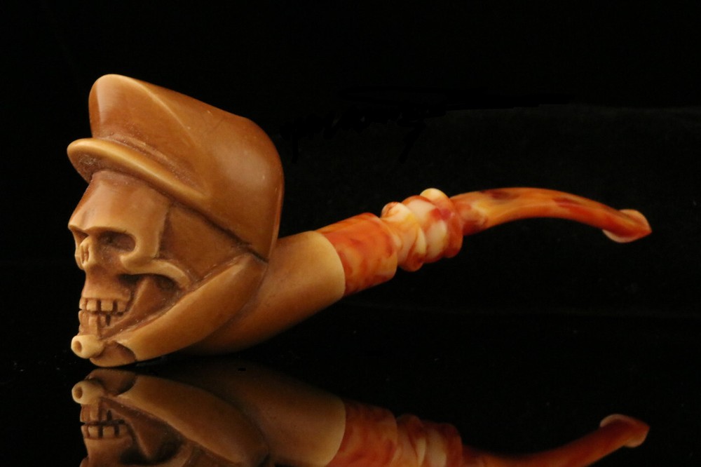 srv - Skull smoking a Pipe Block Meerschaum Pipe with custom case M2181