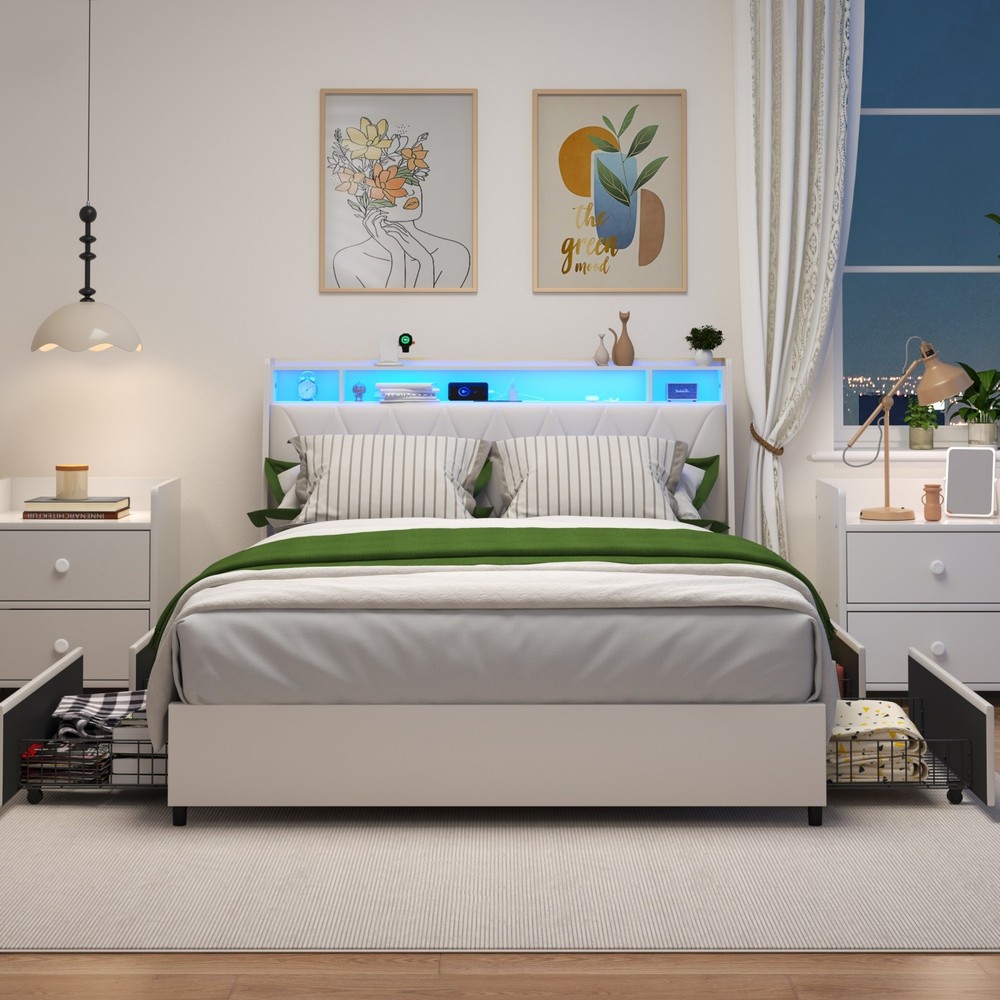 Queen Size LED Platform Bed Frame w/ 4 Drawers & Storage Headboard & USB Port