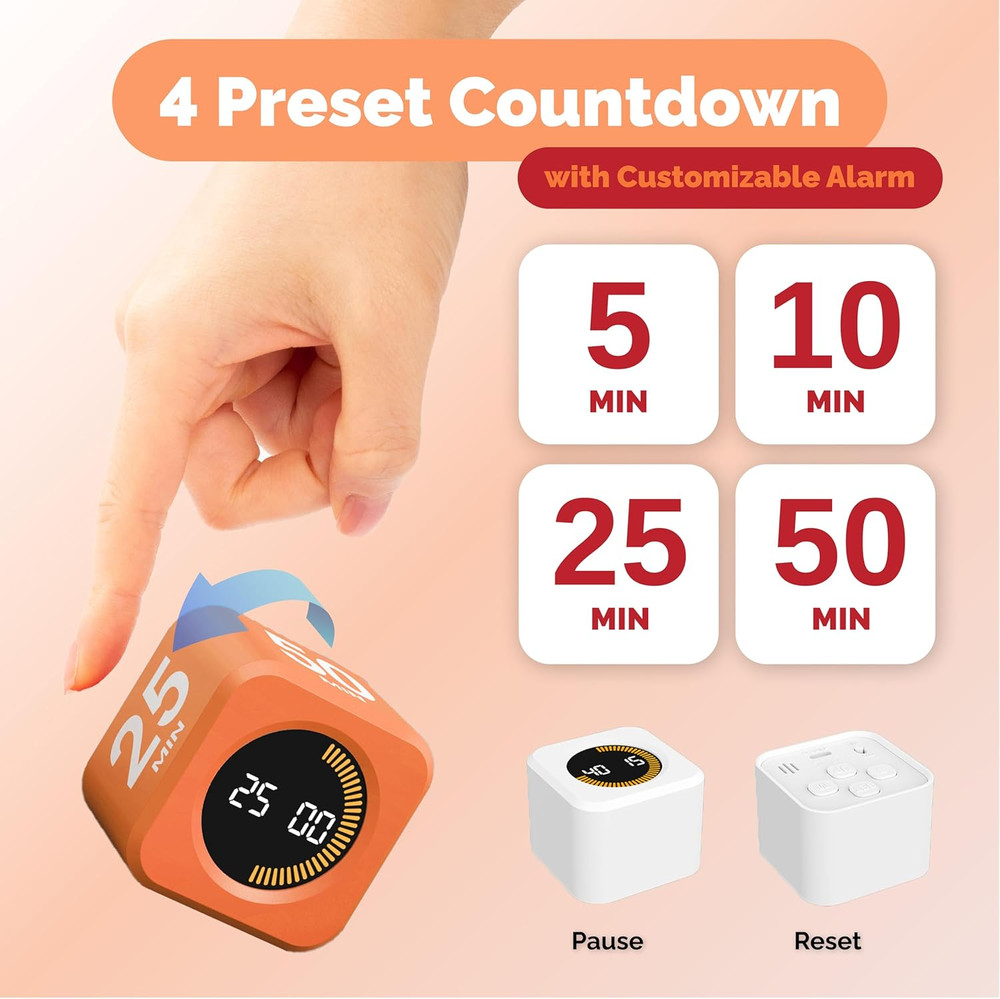 KADAMS Pomodoro Cube Timer Productivity Visual Timer - 5/10/30/60 Min Rotating
