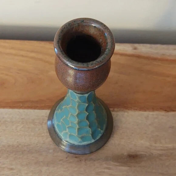 6" Handmade Signed Hammered Look Stoneware Pottery Candlestick Holder