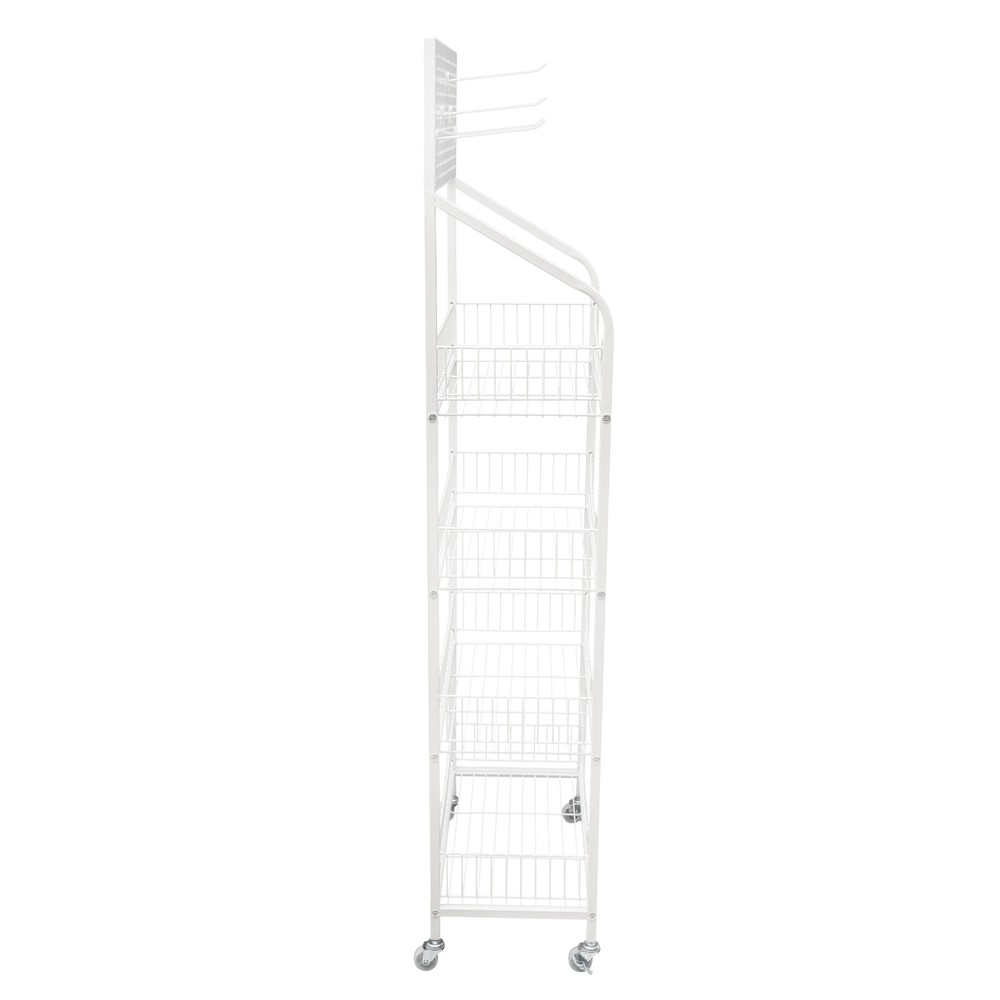 4-Tier White Metal Display Rack with Hooks for Snacks and Essentials