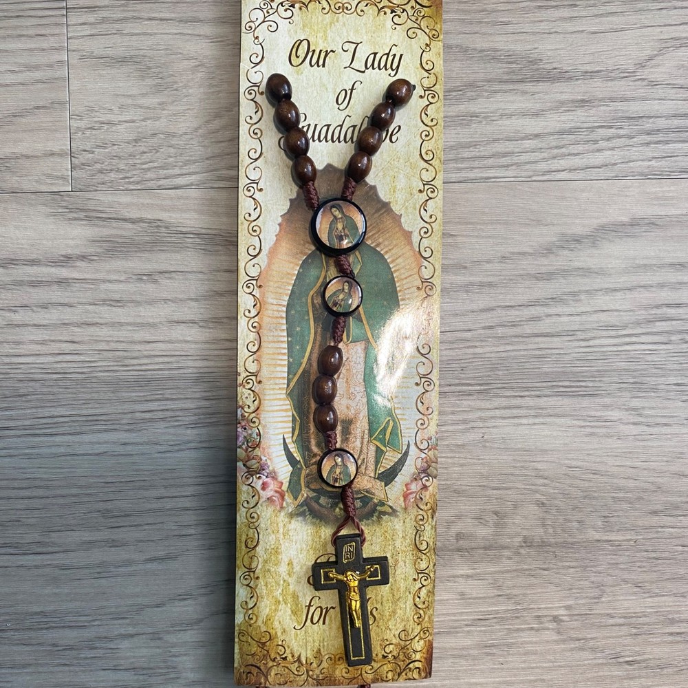 Our Lady of Guadalupe Devotional Cord Rosary Wood + Laminated Prayer Card Cross