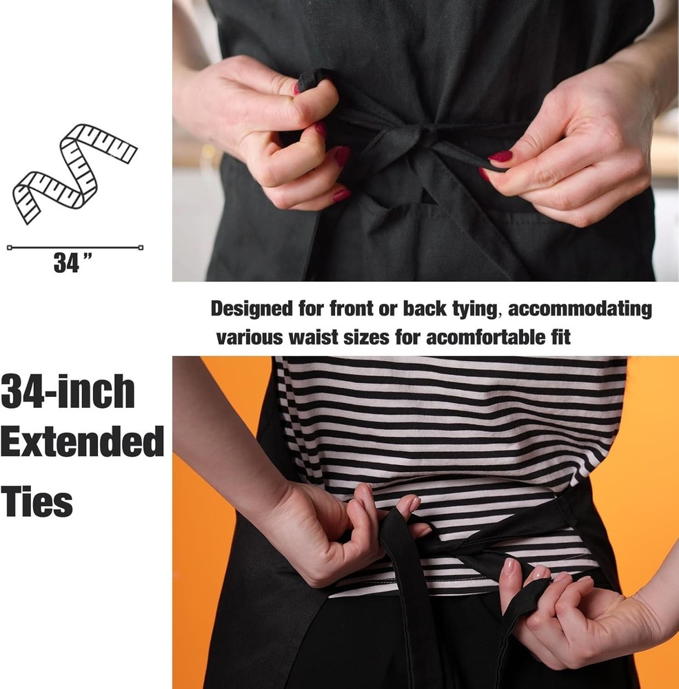 Bulk Bib Aprons 12 Pack - Black Kitchen Aprons with Pockets