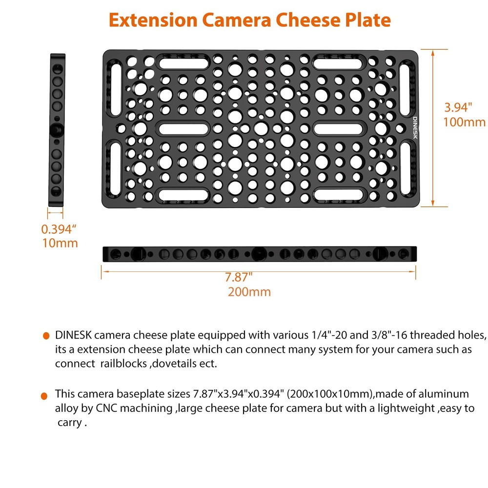 DINESK Multi-Functional Camera Cheese Plate with 1/4" 3/8" Black