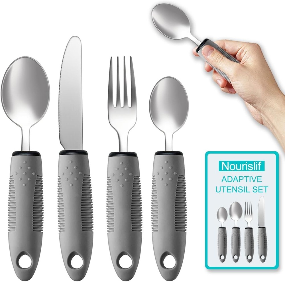 Adaptive Utensils 4pcs For Hand Tremors,Elderly, 1.Grey