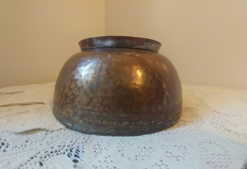 Antique Middle Eastern Hammered Copper Footed Bowl Marked
