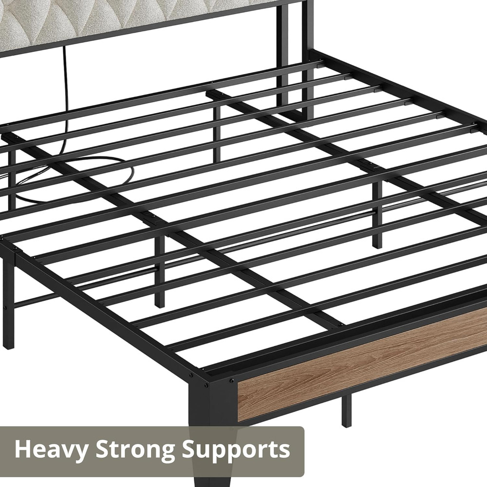 King Bed Frame, Storage Headboard with Charging Station, Platform Bed Frame with