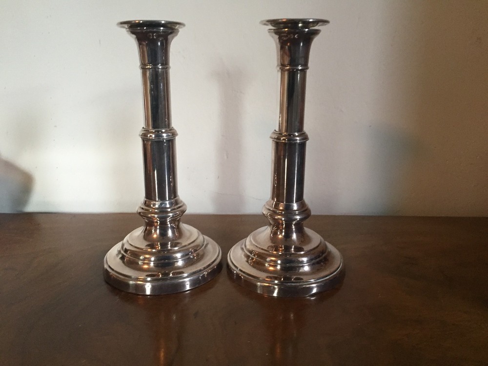 Pair 19th c. Old Sheffield Silver Plate on Copper Telescoping Candlesticks