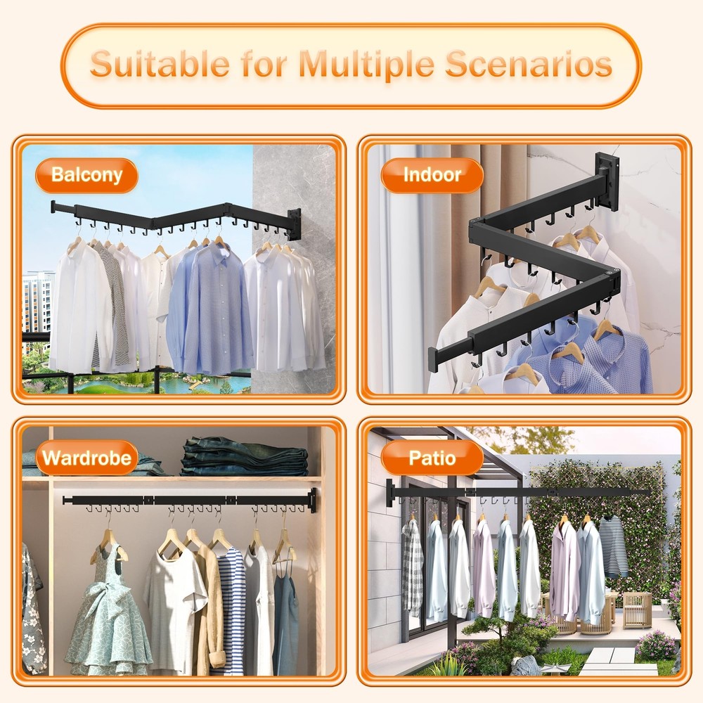 Wall Mounted Retractable Clothes Drying Rack Folding J Shape Hooks for Laundry