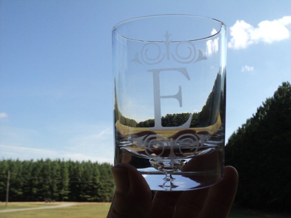 4 -Old Fashioned Low Ball "E Etched" Glasses ~ Monogrammed 10 oz. in box