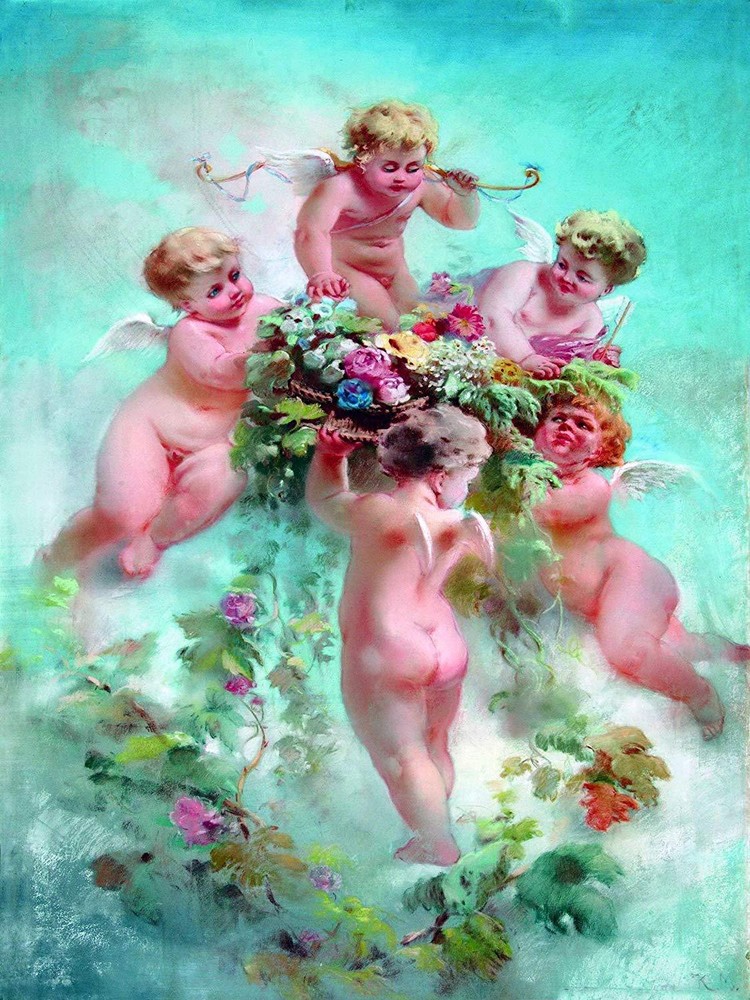Cupids with Flowers by K. Makovsky Tile Mural Kitchen Wall Backsplash Ceramic