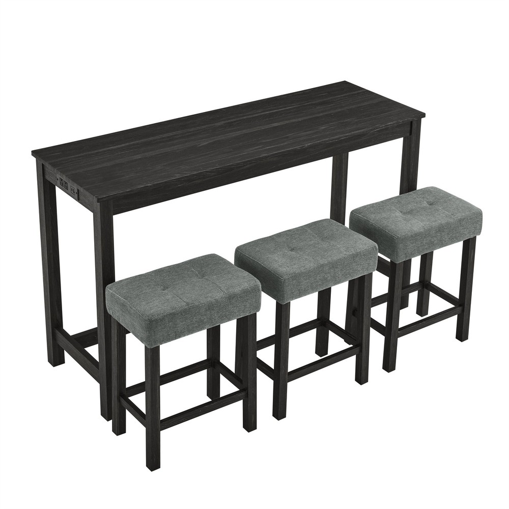 A 4-piece set, a sofa table with power sockets, and 3 upholstered stools