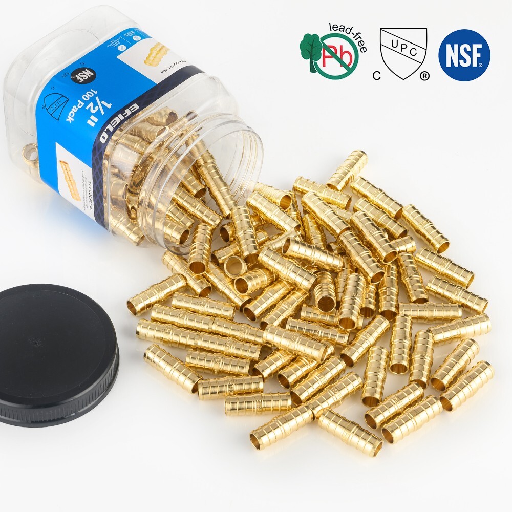 100 Pro Pack EFIELD 1/2" Pex Straight Coupling Brass Crimp Fitting, Lead Free