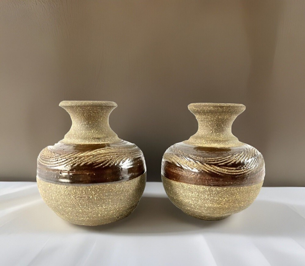 2 Small Vases SIGNED HANDMADE MCM Studio POTTERY ART Slightly Different BoHo 4"
