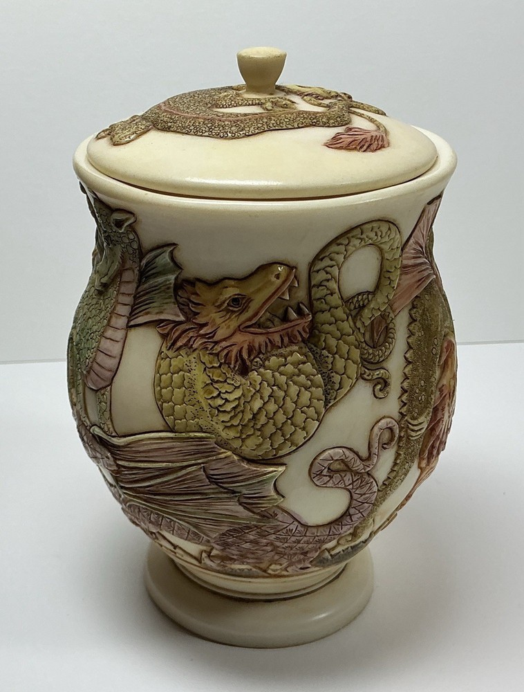 Jardinia Dragon ‘Fire Crackers’ Approximately 5”X6” Lidded Jar