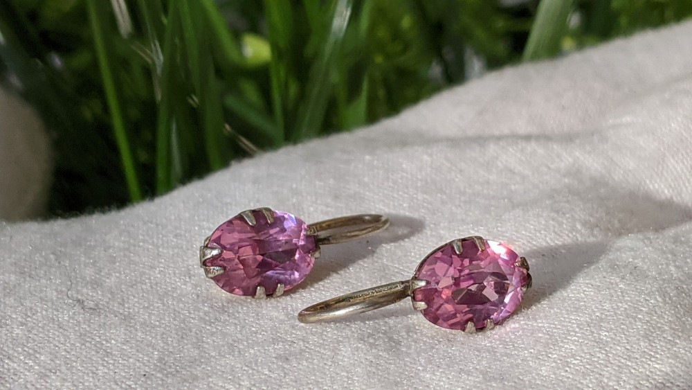Vintage Soviet 875 Silver Earrings with Pink Ruby Tone Stones