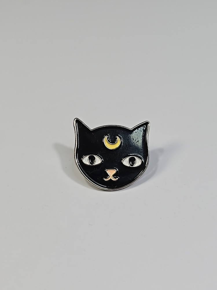 Black Cat Face With Half Moon Lapel Pin