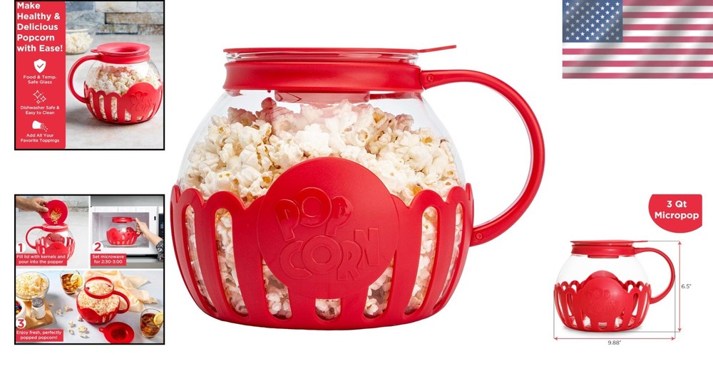 Patented Microwave Popcorn Popper, 3-Quart, Temp Safe Glass & Multi-Function Lid