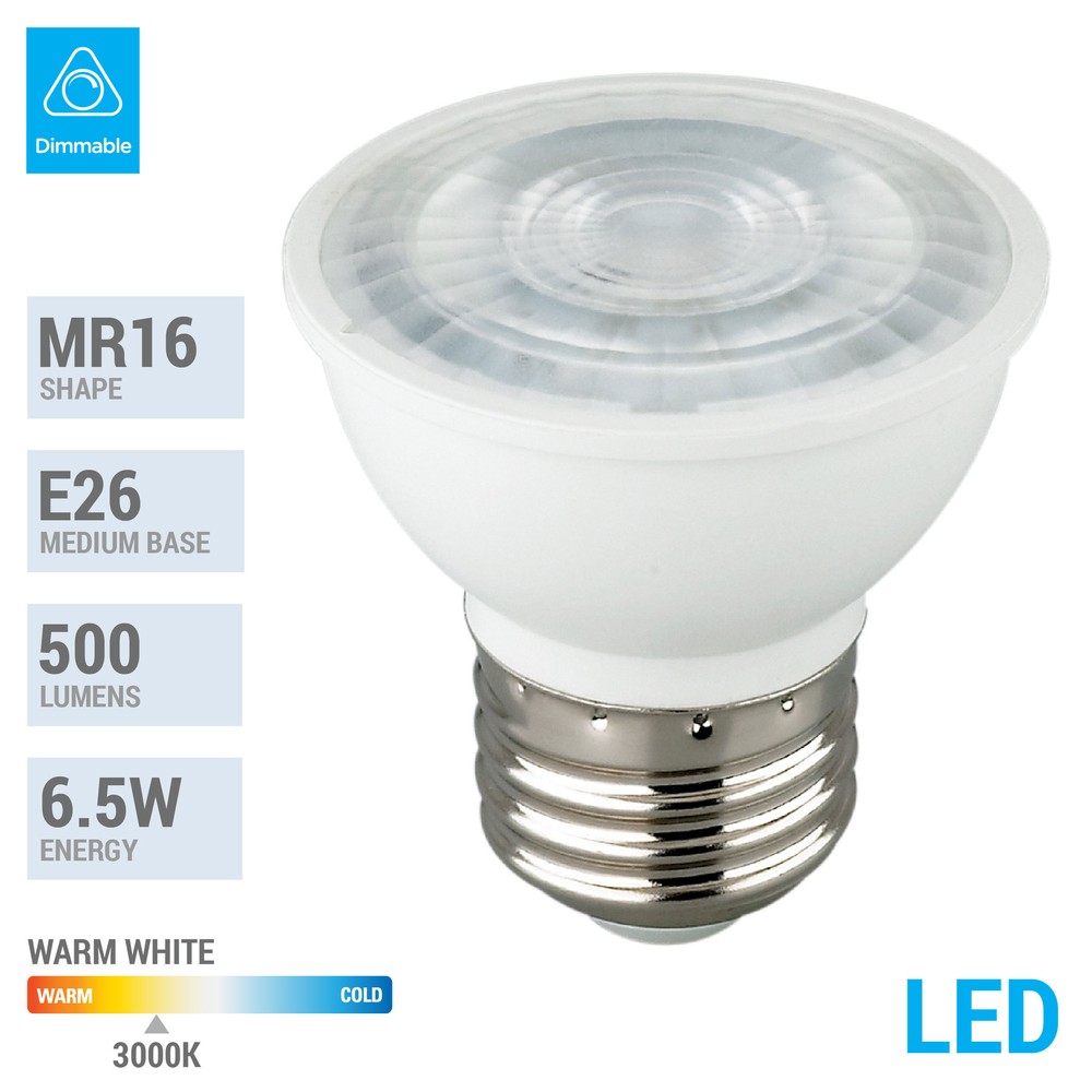 MR16 Lensed LED 6.5W Watt Medium E26 Dimmable 40 Degree Flood 30K Warm White