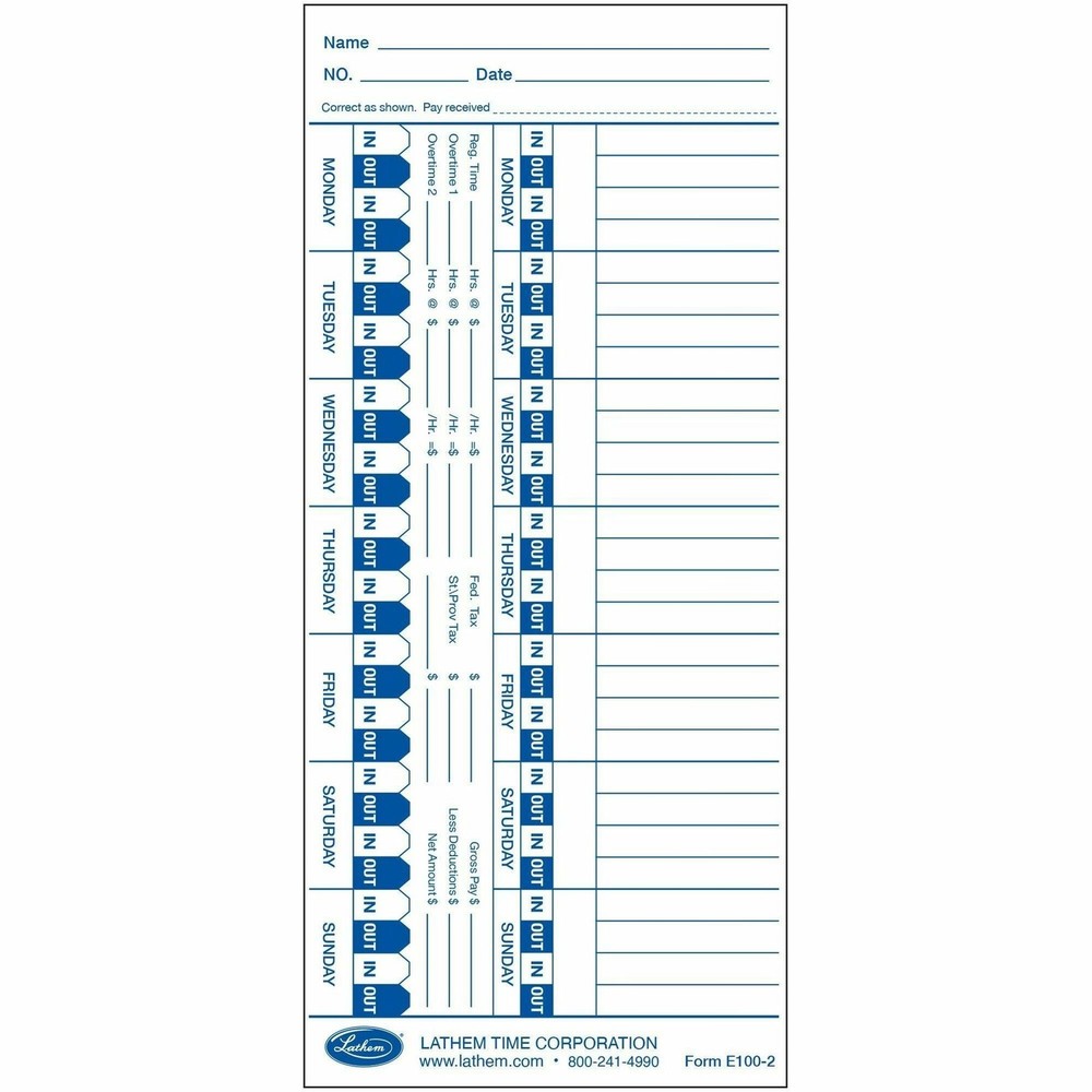 Lathem E100 Universal Weekly Time Card 100 Sheets 4"x9" White