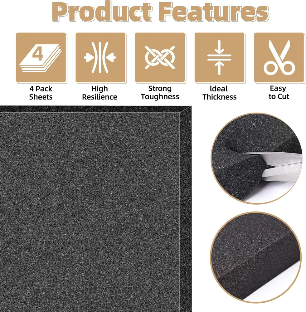 Foam Insert for Cases Black Packing Foam Sheets,4 Pack Cuttable Polyurethane Cus