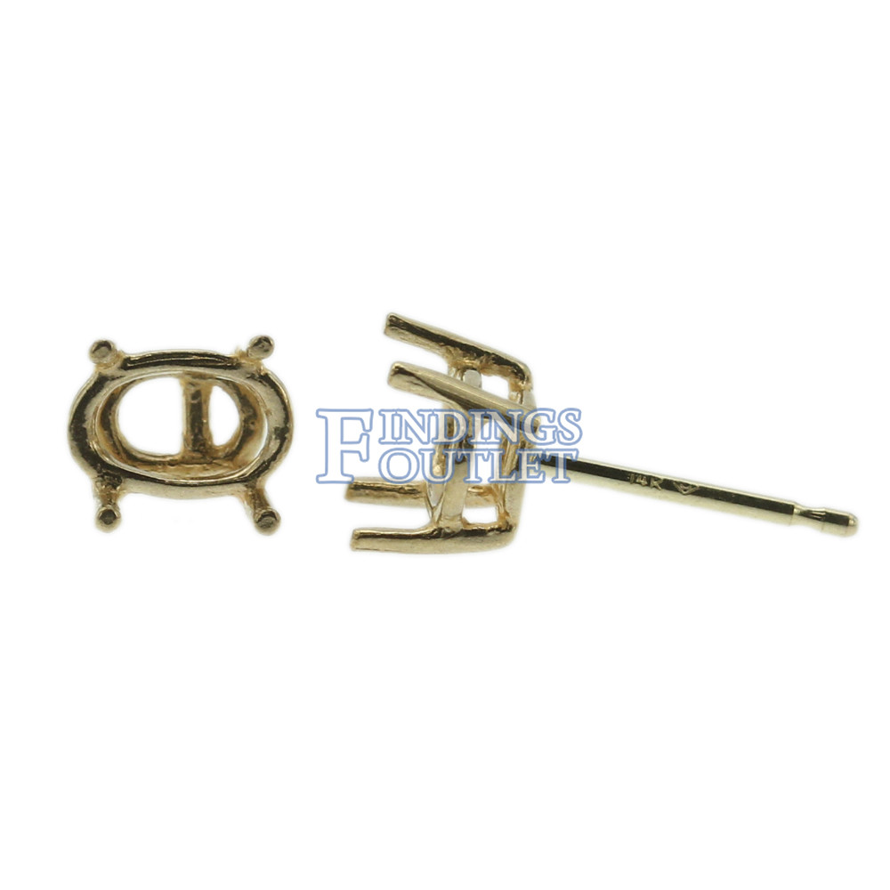 14k Yellow Gold Oval Stud Earring Mounting Setting Push Back Post 4 Prong