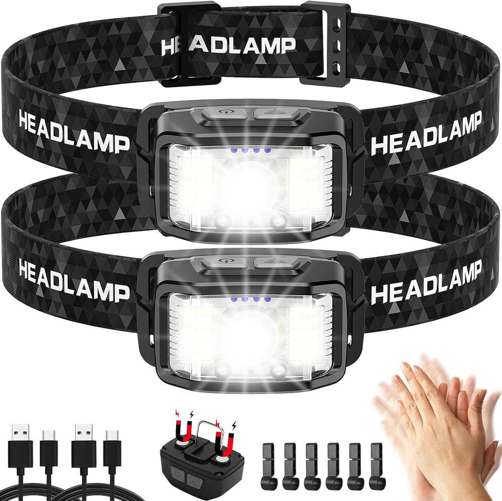 Rechargeable Headlamp 2000 Lumen Motion Sensor LED Waterproof 2 Pack