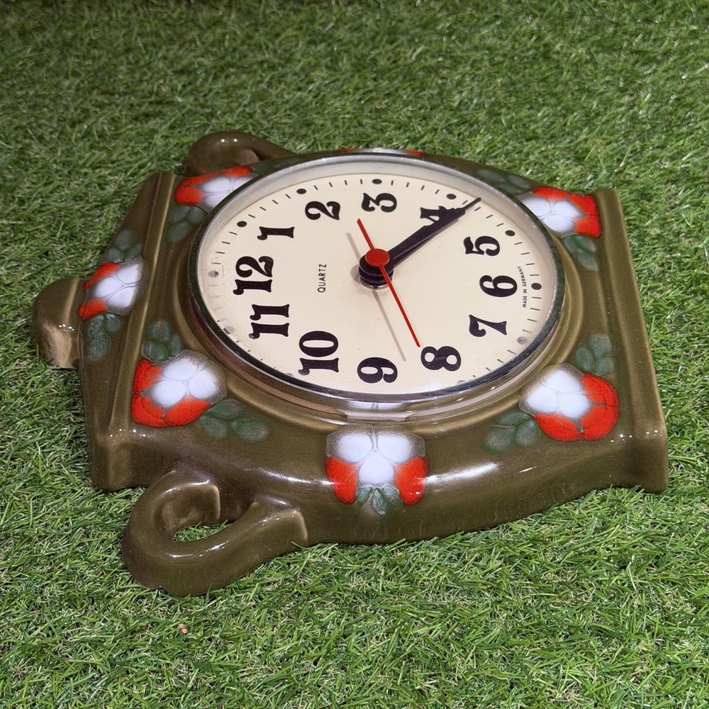 Vintage German Wall Clock Lidded Flowered Pot Ceramic / Working